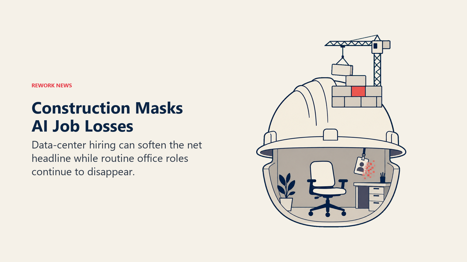 Data-center construction above a hard hat masks disappearing office work beneath it