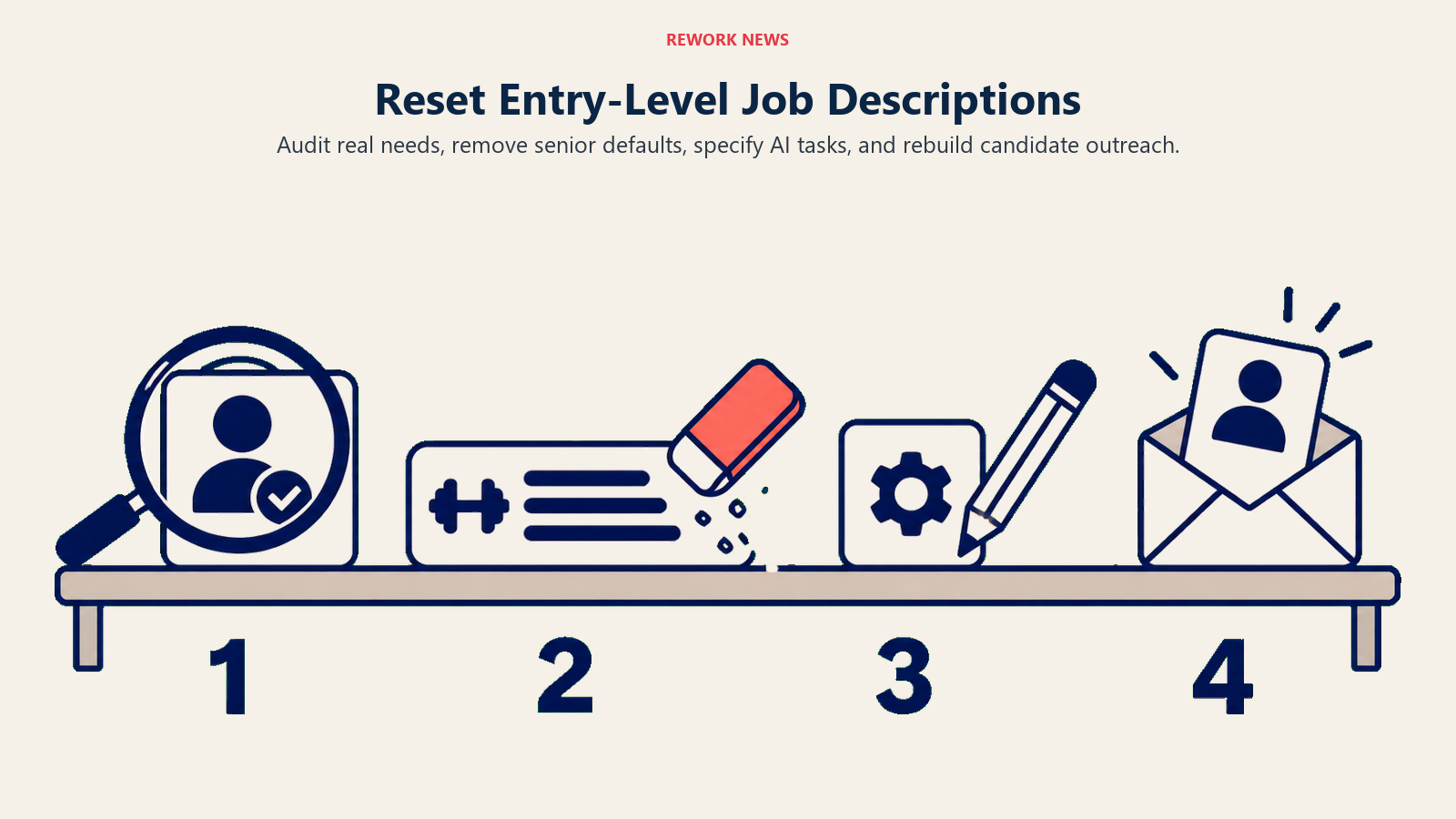 Four steps to reset entry-level job descriptions: audit needs, erase senior defaults, specify tasks, and reopen sourcing