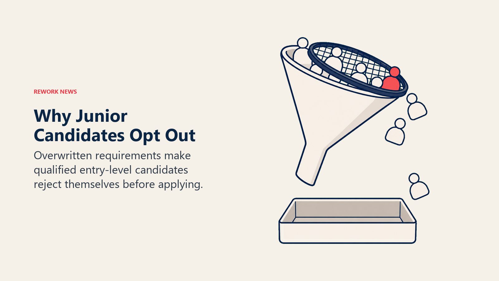 Junior candidates opting out shown as applicant tokens escaping a misaligned hiring filter