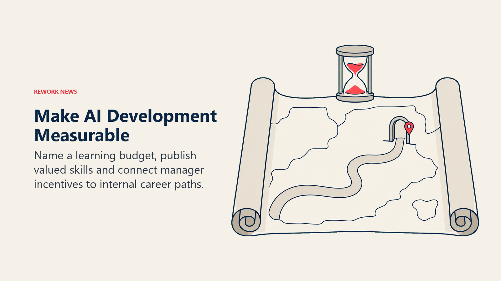 An hourglass on a career-path map connects measurable AI learning time with internal mobility