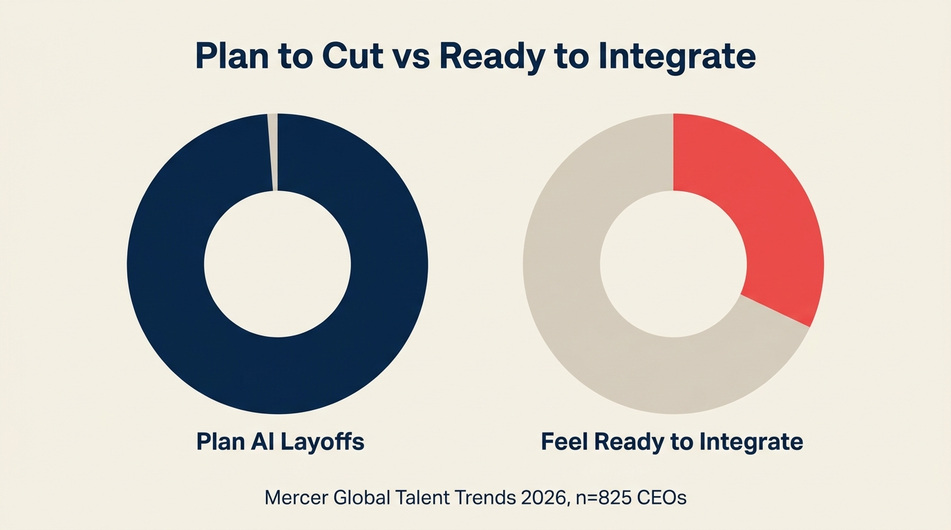 Mercer 99 percent CEO AI layoffs versus 32 percent integration readiness donut chart