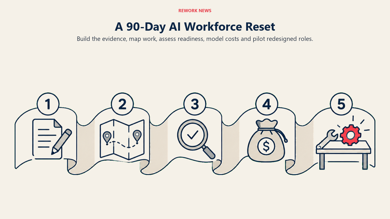Five numbered stages show the CHRO sequence: evidence, work mapping, readiness, costs and a redesigned-role pilot