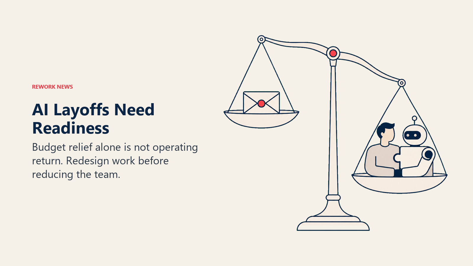 Balance scale weighs a savings envelope against integrated human and machine capability before AI layoffs