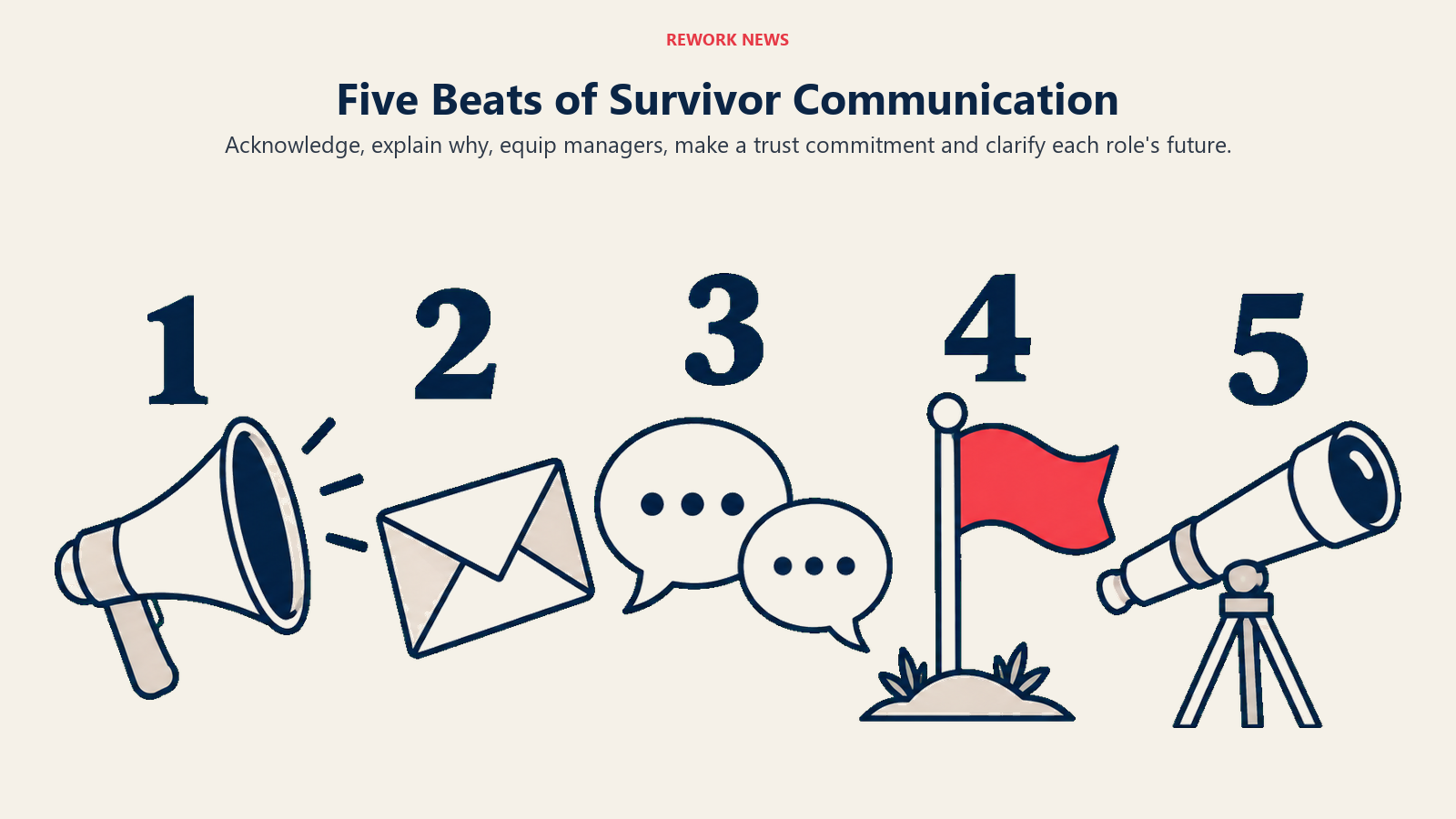 Five numbered communication beats shown as an announcement, memo, manager conversation, trust flag and forward-looking telescope