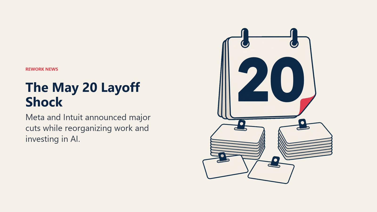 Calendar marked 20 above two stacks of employee badges representing the May 20 workforce reductions