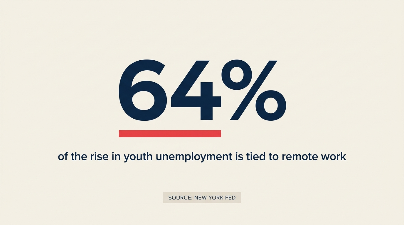 Large 64 percent figure with caption that remote work, not AI, explains most of the rise in youth unemployment, sourced to the New York Fed