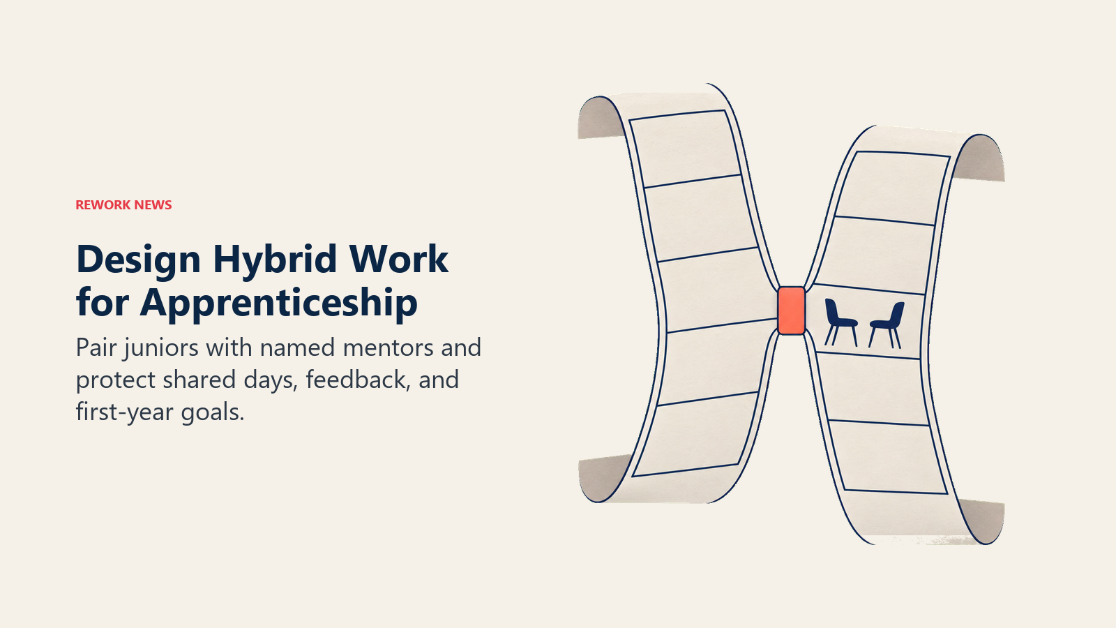 Design Hybrid Work for Apprenticeship: two schedule ribbons align at the same shared mentoring day marked by one coral clasp.