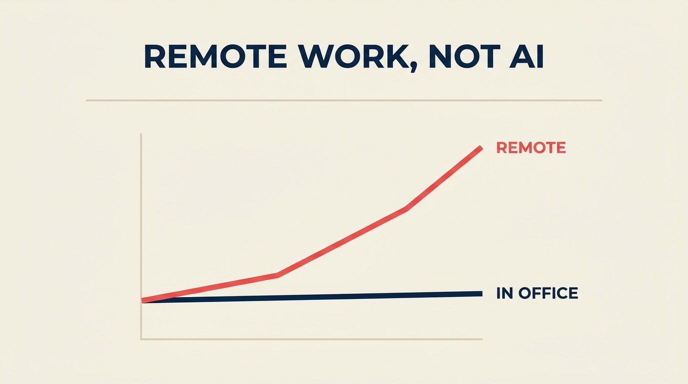 Line chart showing youth unemployment rising for remote roles while in-office roles stay flat, with the headline why young grads cannot get hired