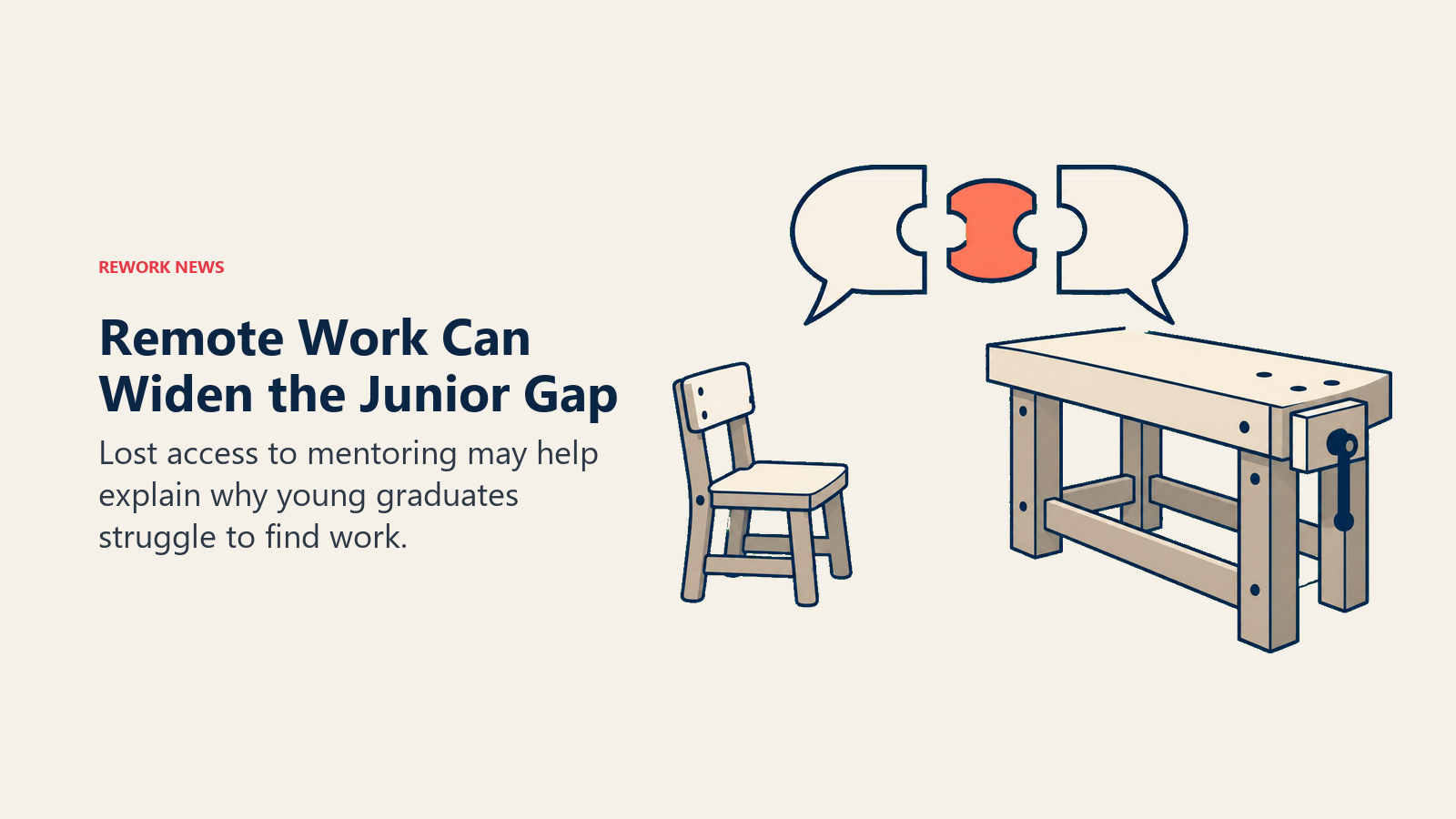 Remote Work Can Widen the Junior Gap: a junior chair is separated from a senior workbench by a missing conversational bridge.