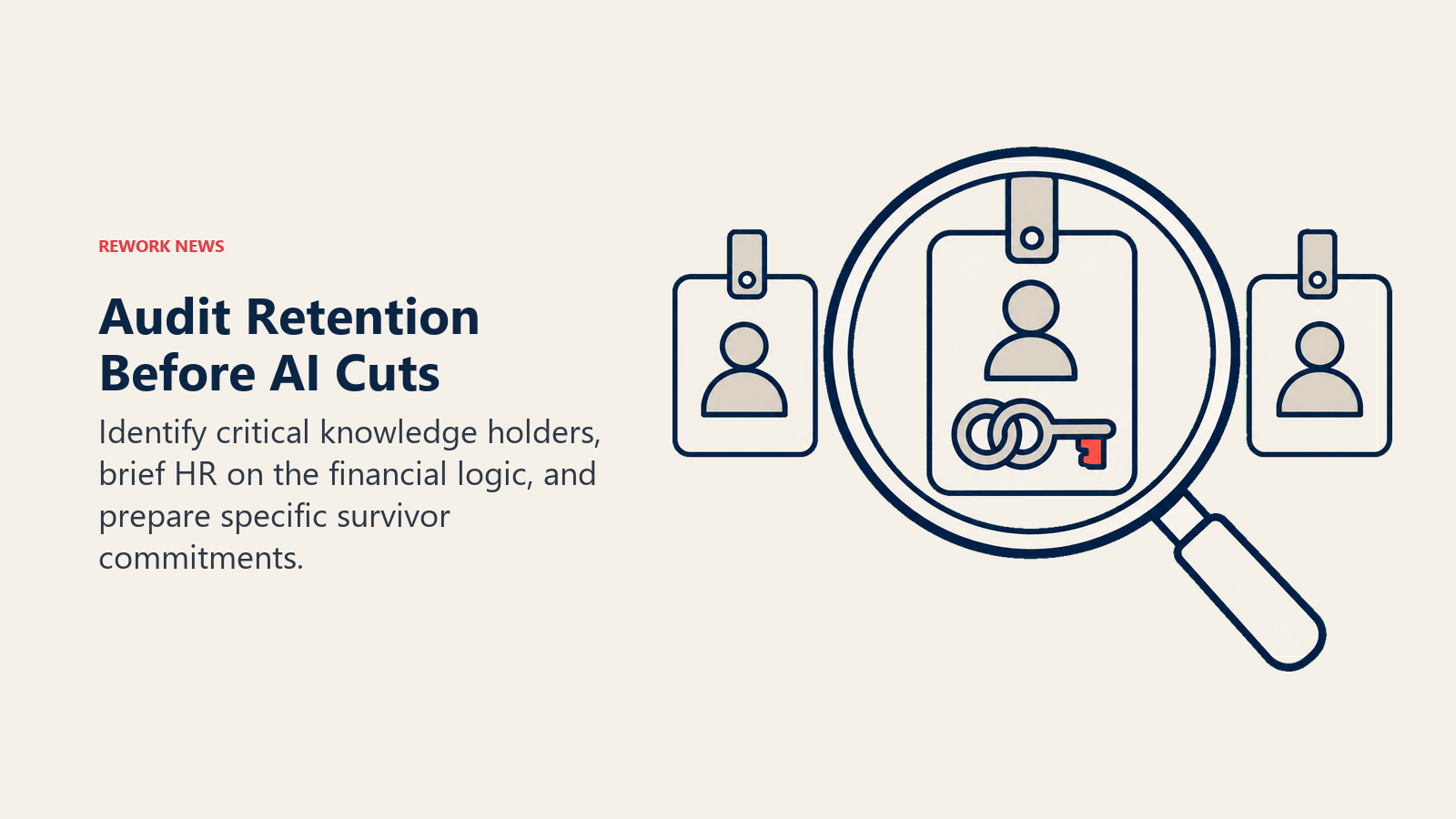 A magnifying glass identifies an employee badge holding critical institutional knowledge