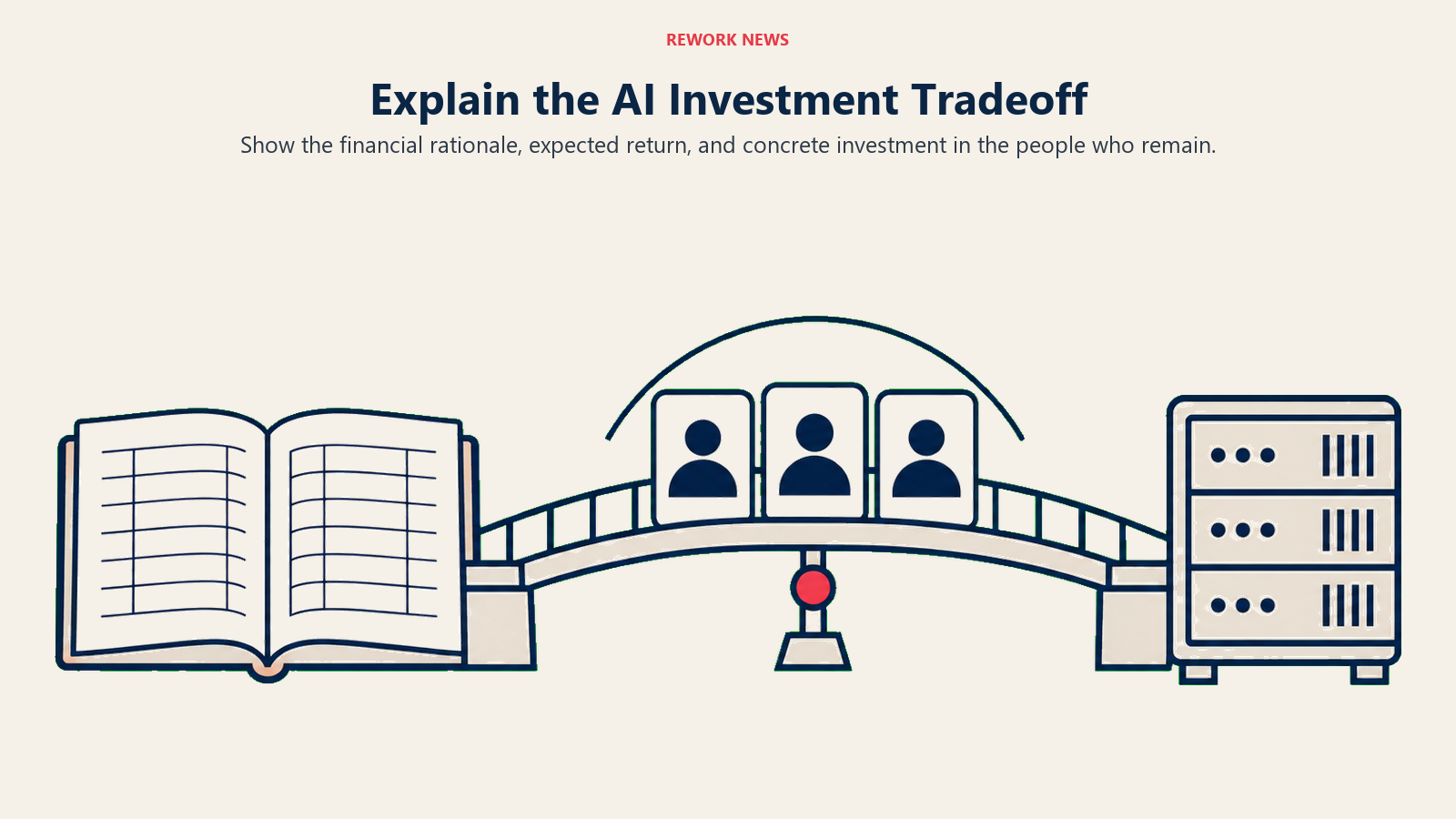 A financial ledger and AI servers connected by a bridge protecting three employee badges