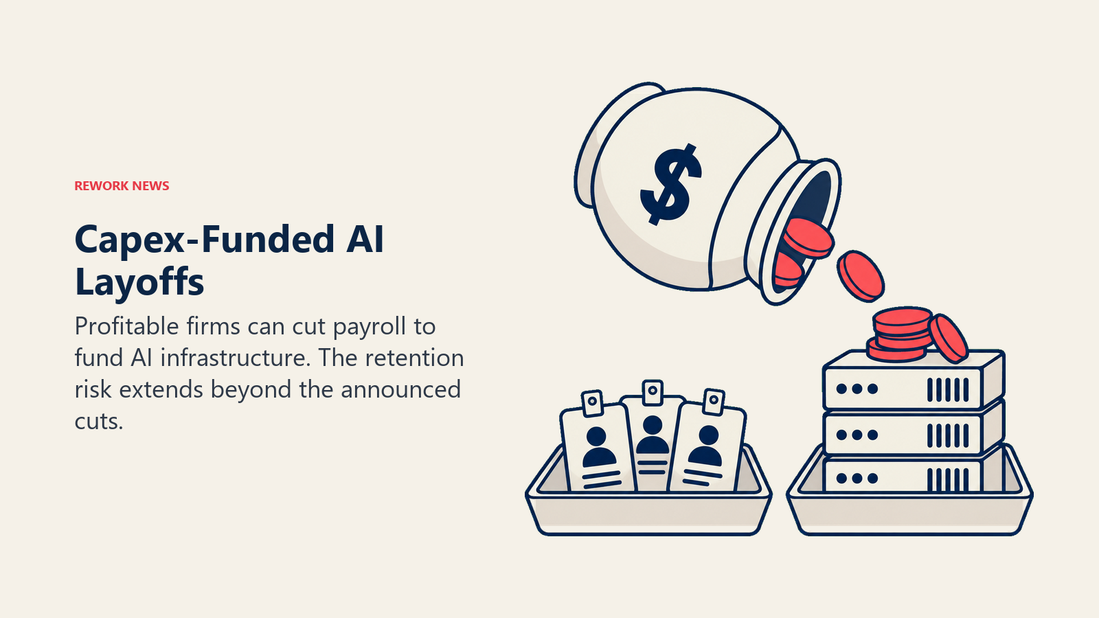 Budget coins shift from an employee-badge tray toward AI infrastructure investment
