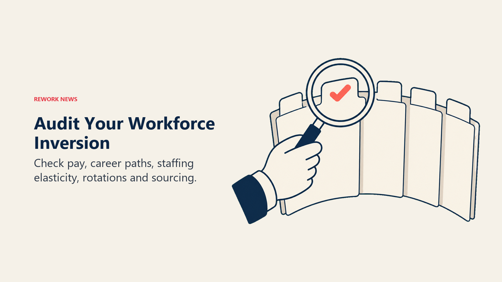 A magnifying lens over a five-tab workforce plan illustrates the five-question hiring inversion audit