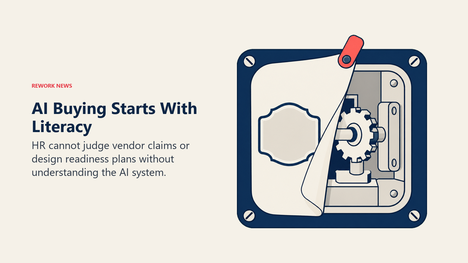 AI procurement literacy shown as a veil lifted to reveal the mechanism behind a vendor claim
