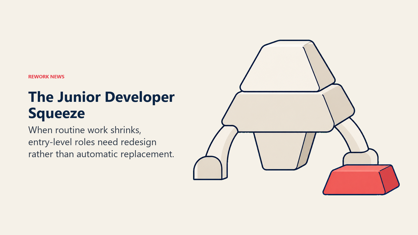 A narrow foundation beneath a three-tier structure illustrates the junior developer squeeze
