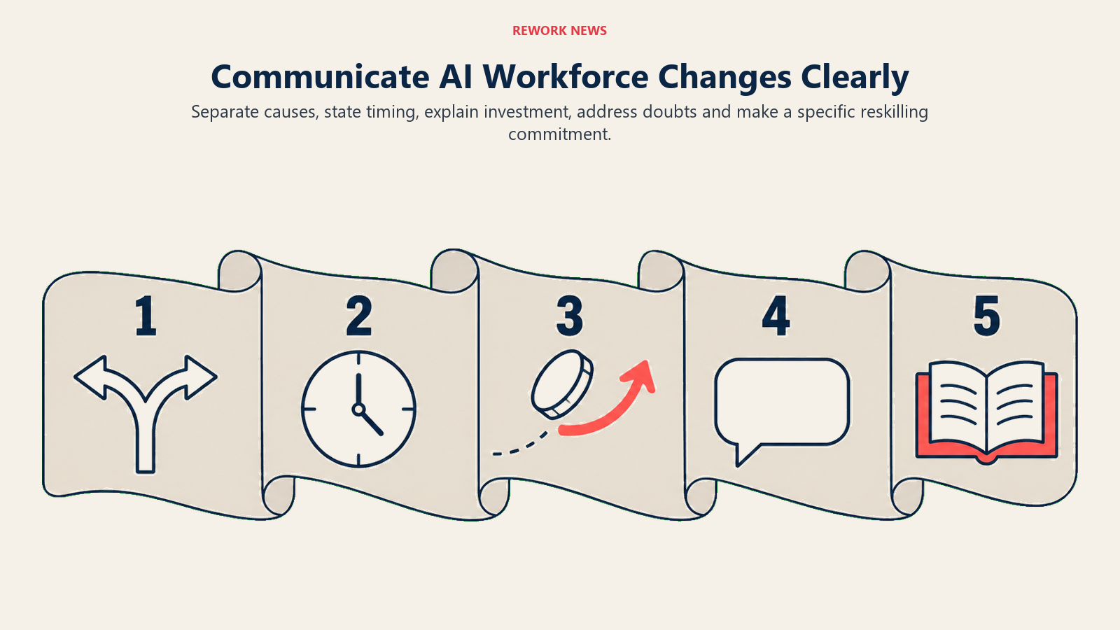 Five numbered stages show cause separation, timing, investment, employee concerns and reskilling commitment