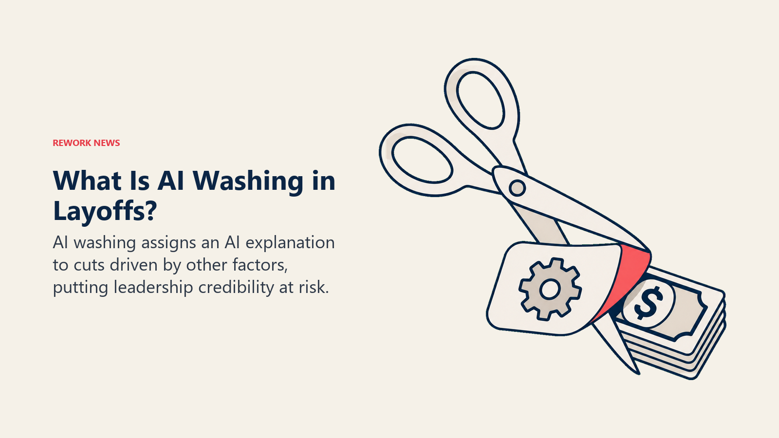 An automation label peels from scissors cutting money to reveal cost reduction behind AI washing