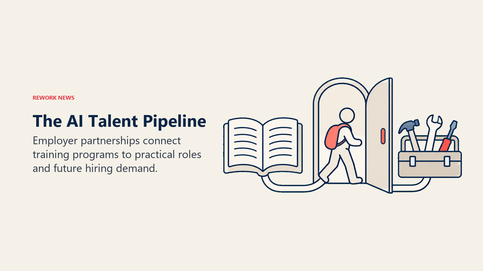A trainee crosses from a book through a doorway toward workplace tools in the AI talent pipeline