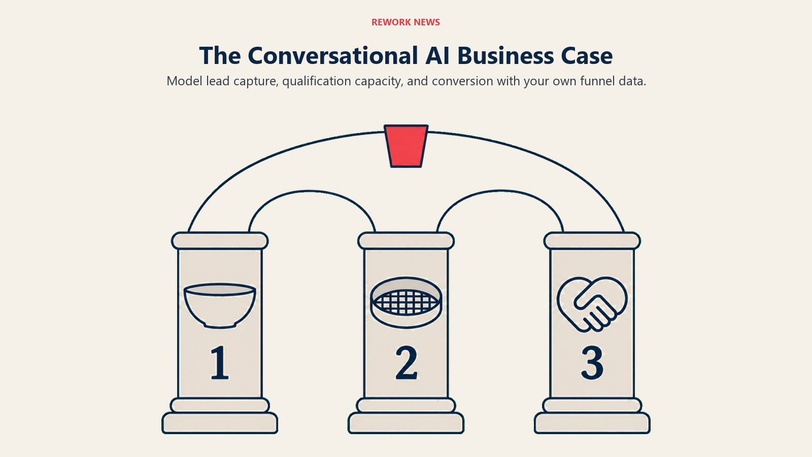 The Conversational AI Business Case: three-part business case illustrating model lead capture, qualification capacity, and conversion with your own funnel data.