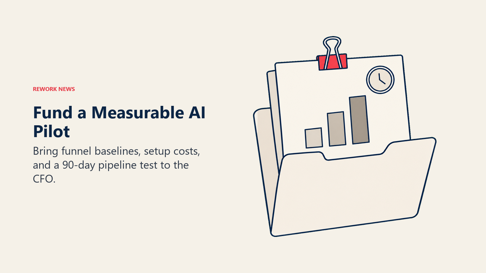 Fund a Measurable AI Pilot: pilot evidence folder illustrating bring funnel baselines, setup costs, and a 90-day pipeline test to the CFO.
