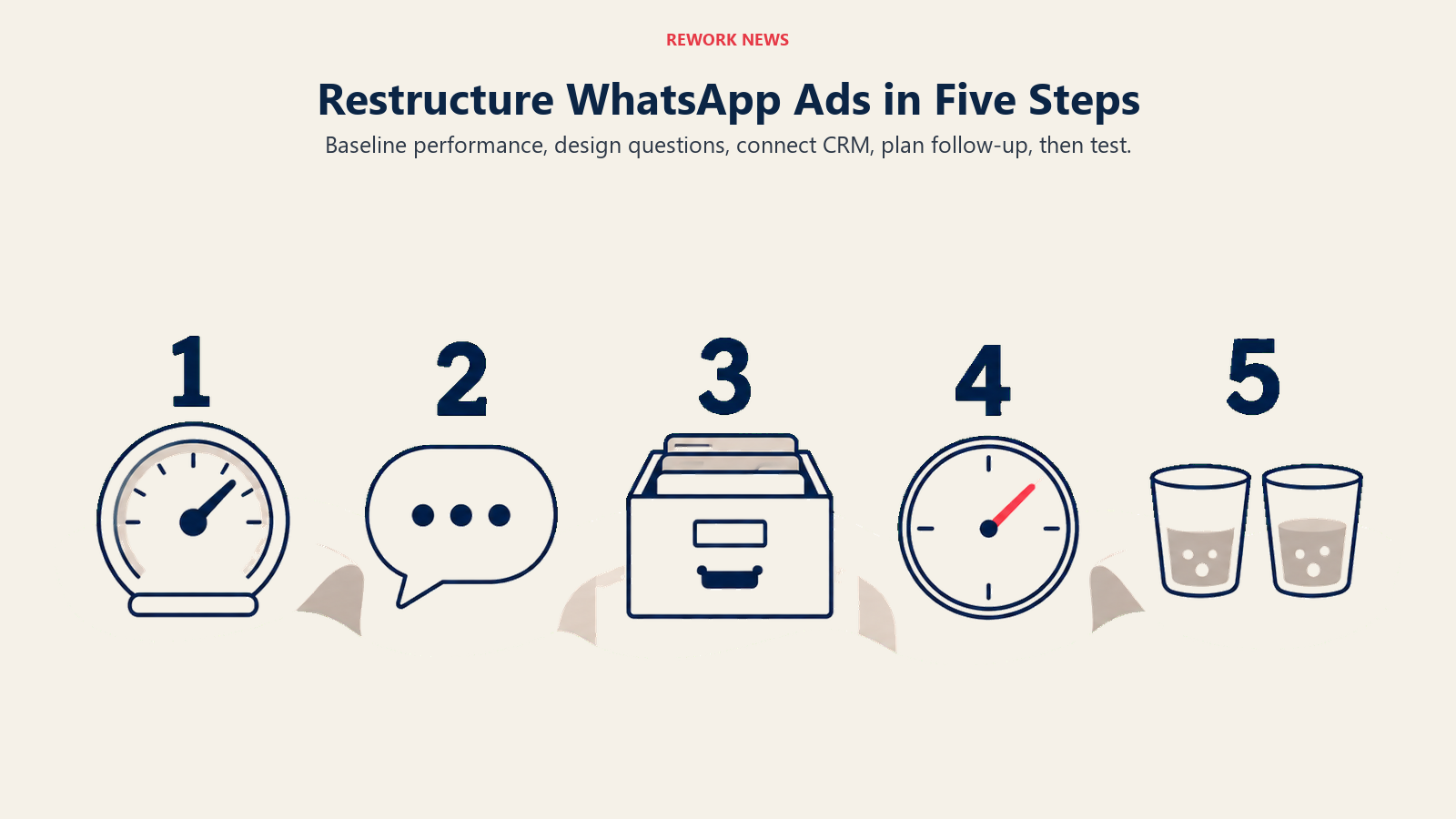 Five numbered WhatsApp campaign stages show baseline audit, Q&A design, CRM setup, follow-up, and testing