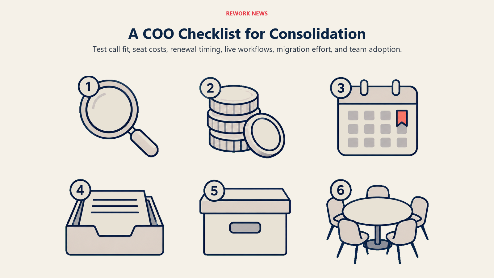 Six COO consolidation checks: call fit, seat costs, renewals, workflow tests, migration effort, and adoption