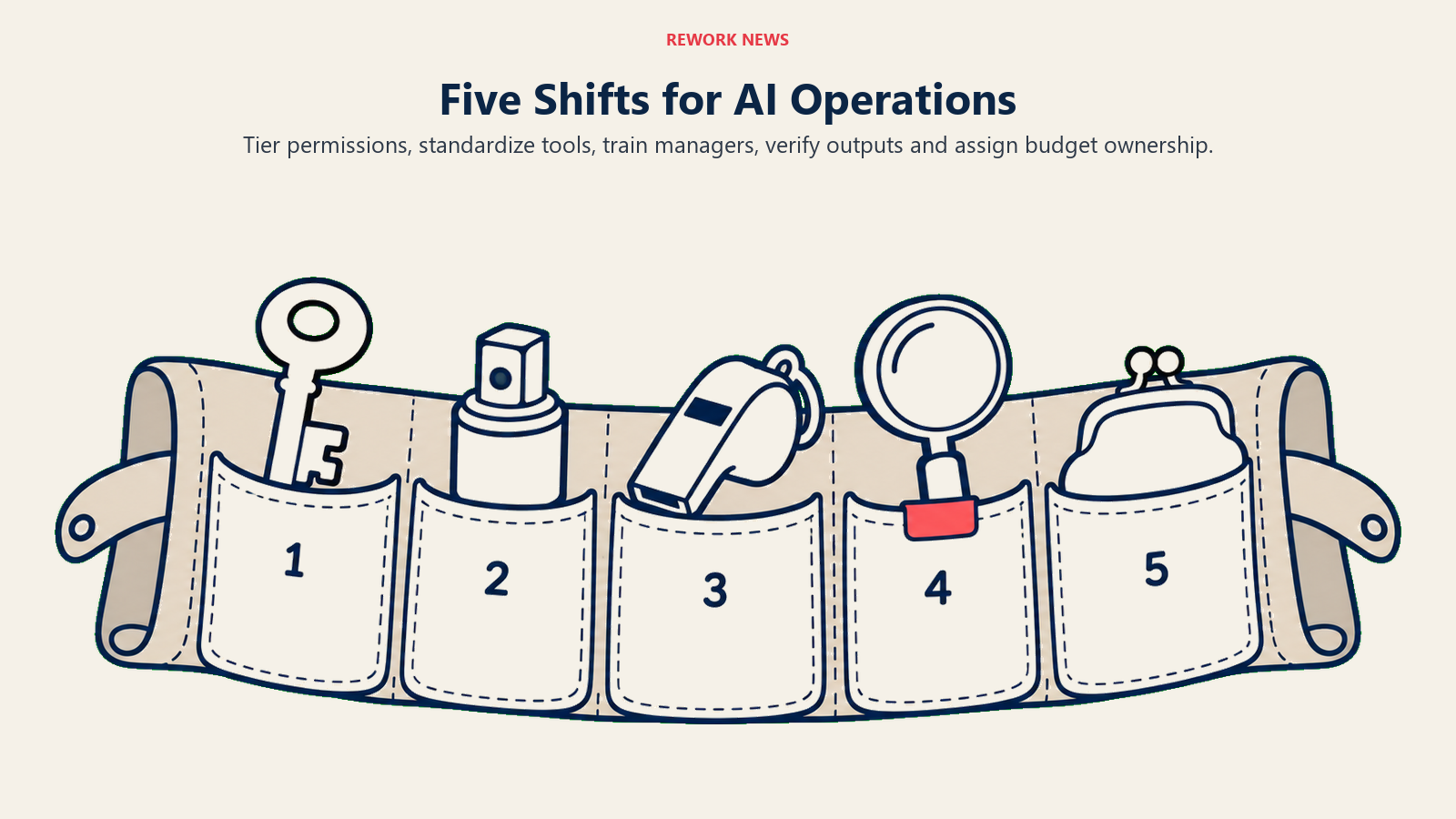 Five Shifts for AI Operations: operations tool roll illustrates five operations responsibilities become concrete tools: policy, stack, managers, metrics, budget.
