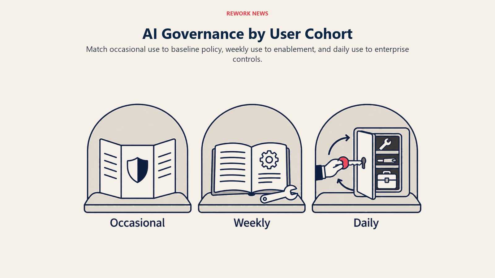 AI Governance by User Cohort: governance alcoves illustrates each cohort receives a different governance package, without implying every employee must progress.