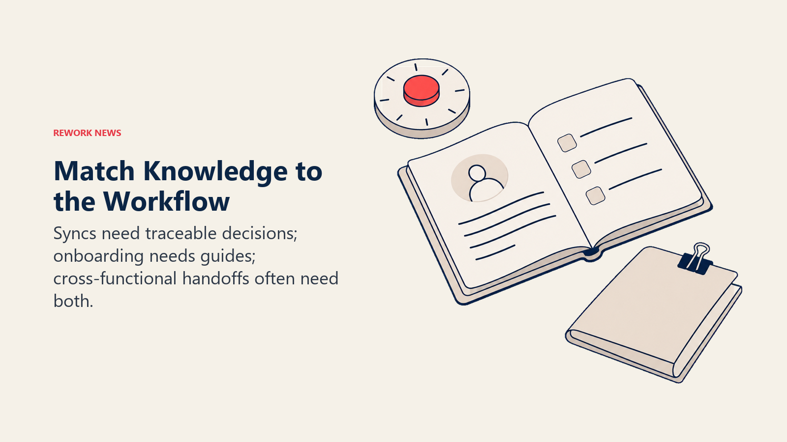 Meeting decision token, onboarding handbook, and handoff packet represent three knowledge workflows