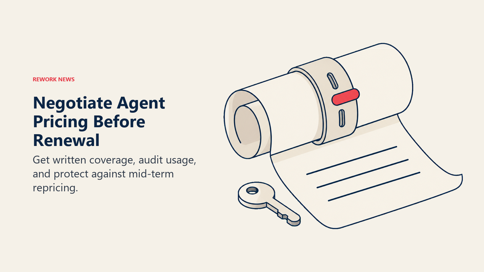 An adjustable clasp secures a contract scroll, representing agent pricing protection and flexible renewal terms