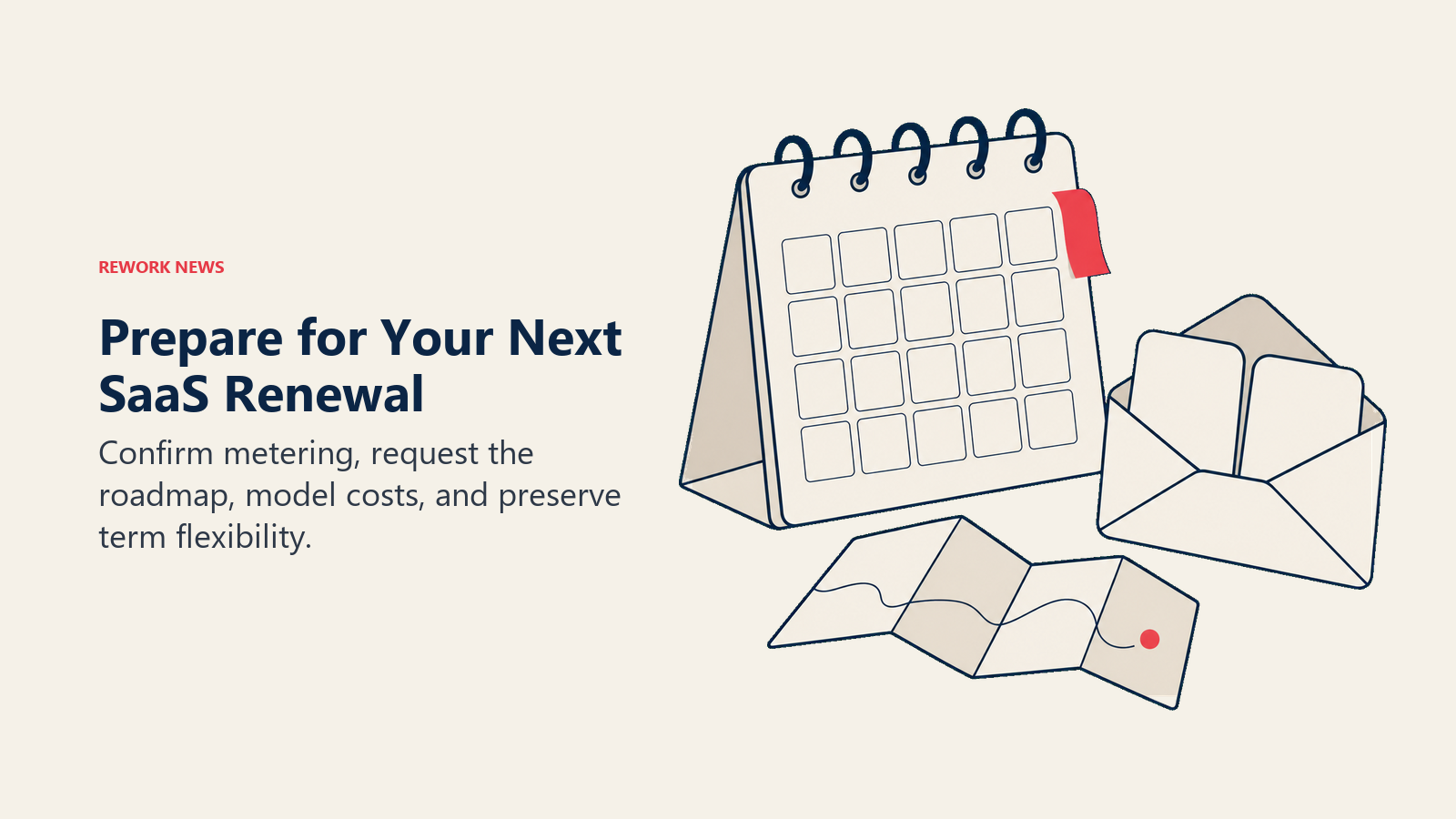 A calendar, two budget planning slips, and a roadmap prepare a team for its next SaaS renewal