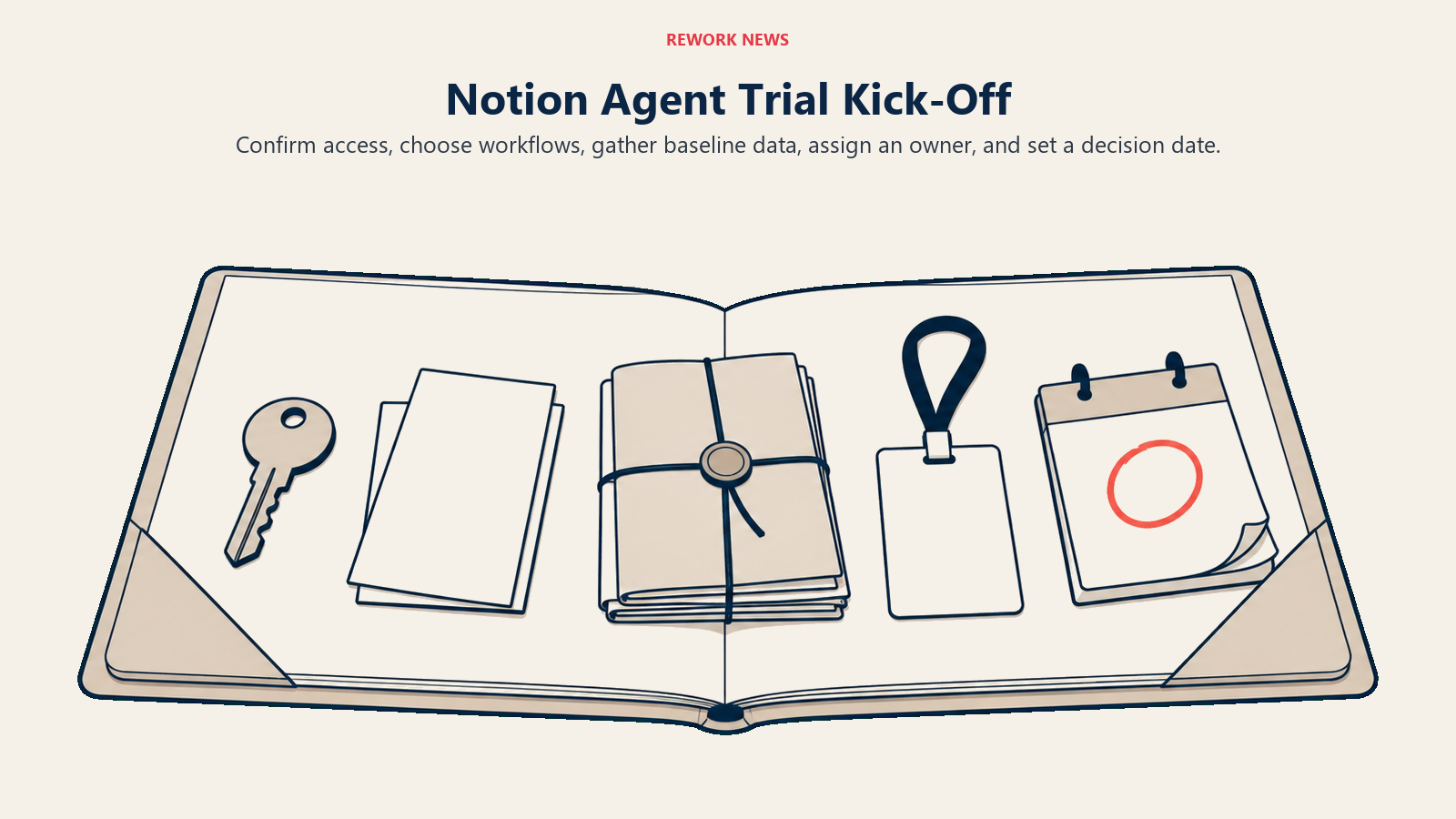 Notion Agent Trial Kick-Off: The checklist requires plan access, two workflows, historical data, one evaluation lead and a decision date.