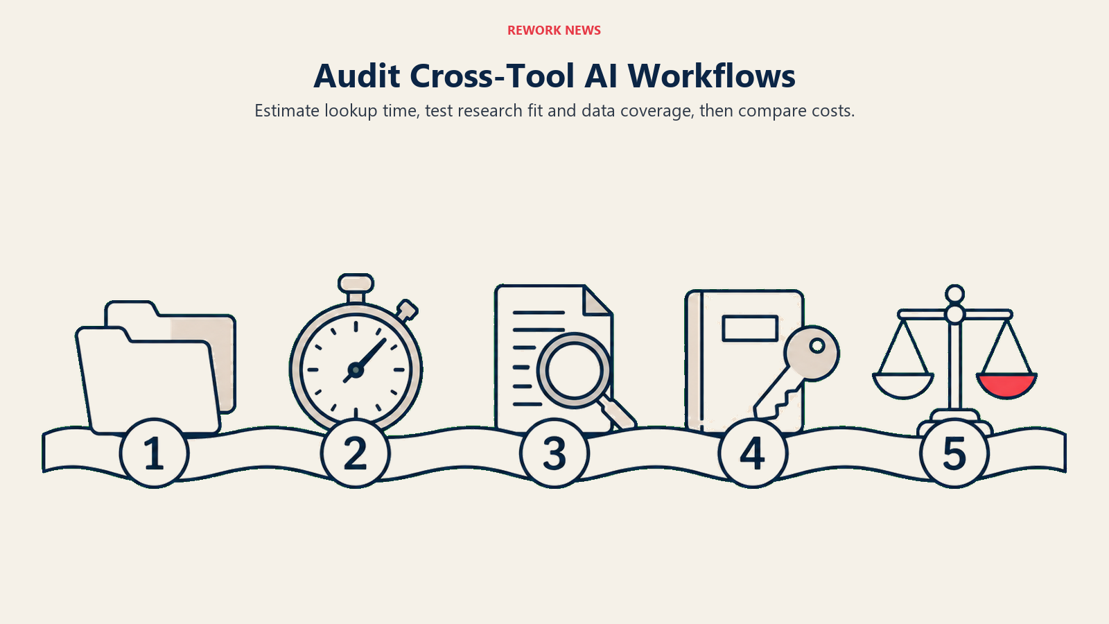 Audit Cross-Tool AI Workflows: five audit stations illustrating estimate lookup time, test research fit and data coverage, then compare costs.