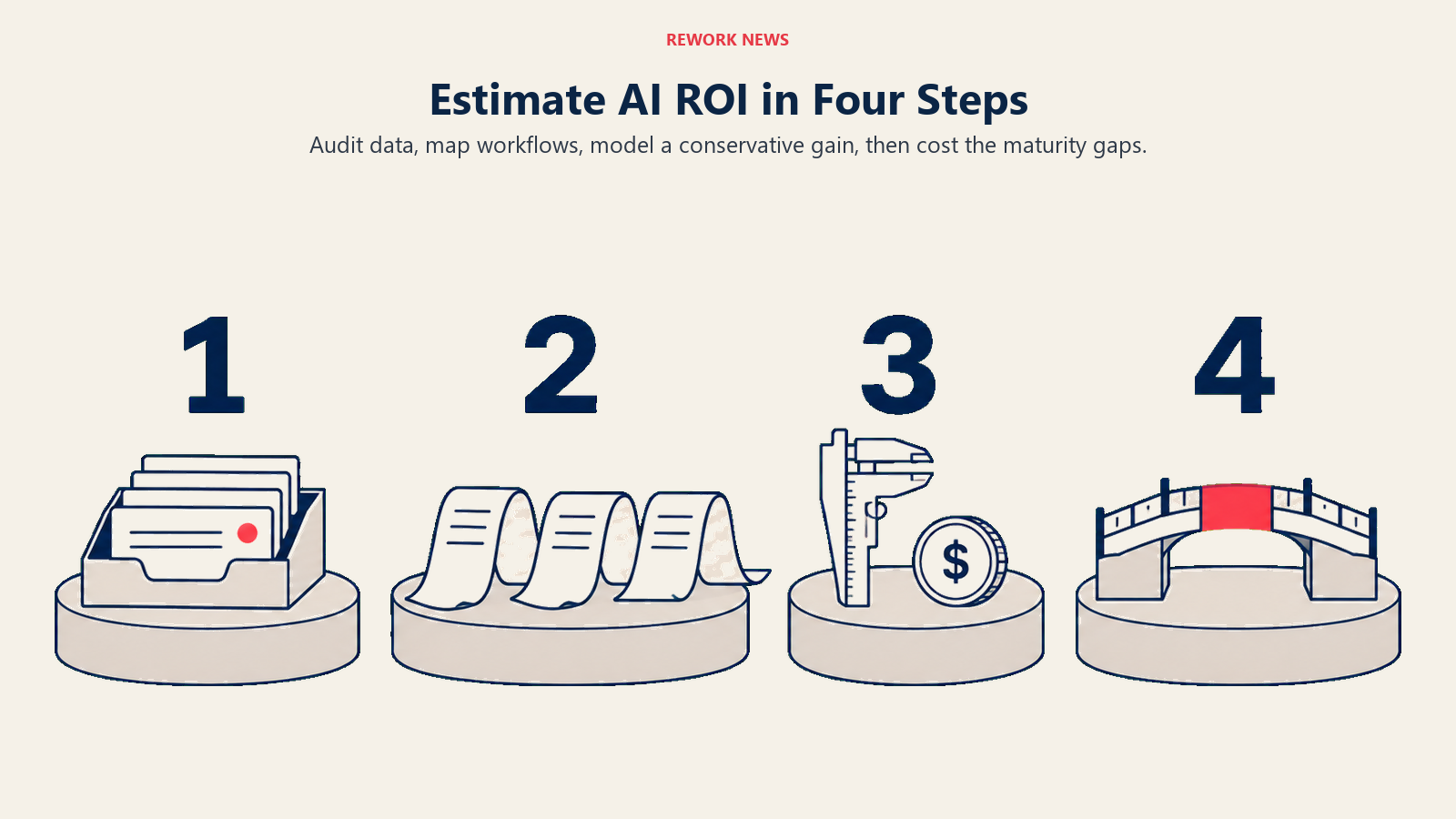 Four numbered AI ROI stages show data readiness, full workflows, realistic value, and costed maturity gaps