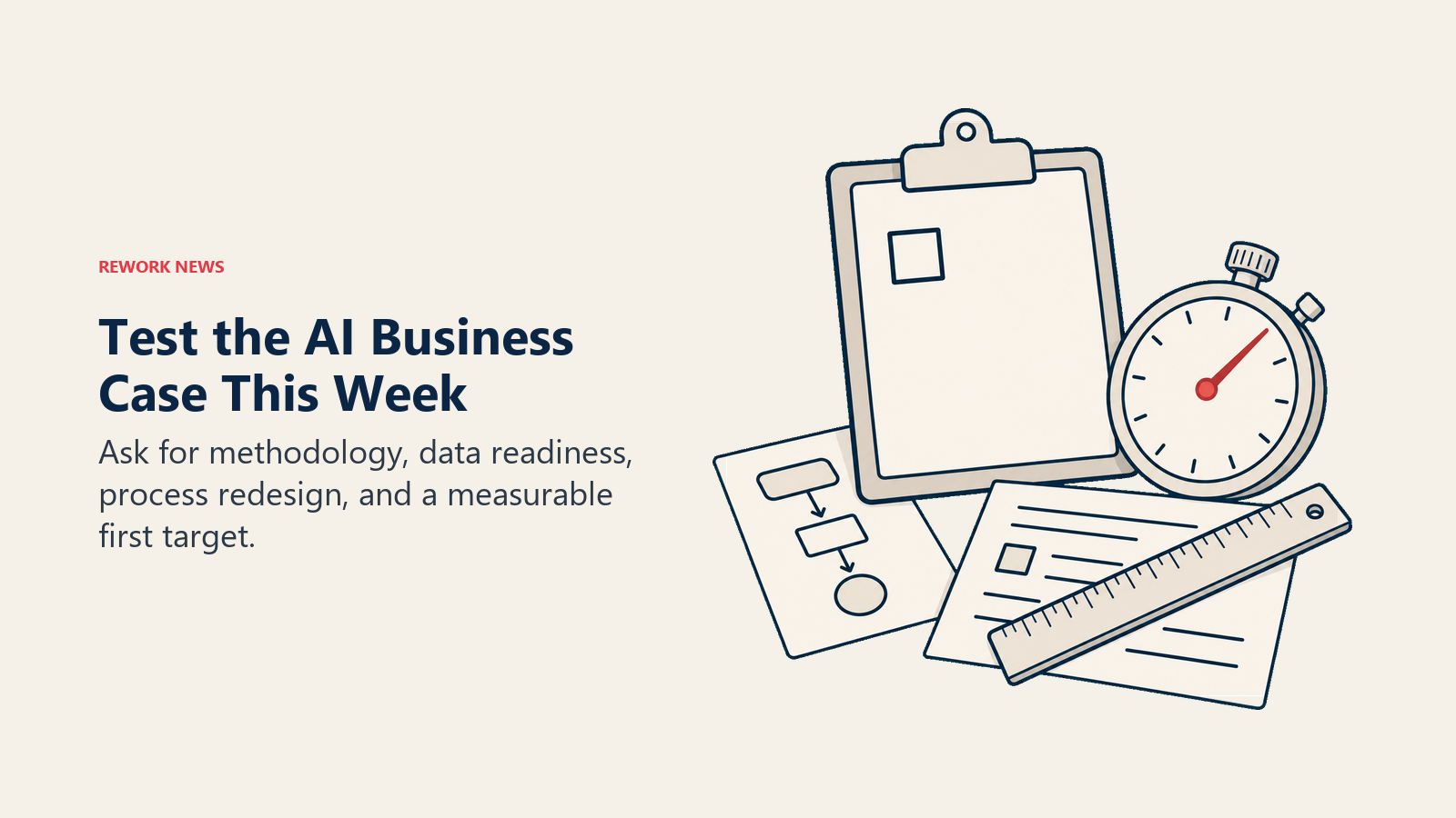 A clipboard, stopwatch, and ruler represent checking an AI business case against measurable workflow evidence