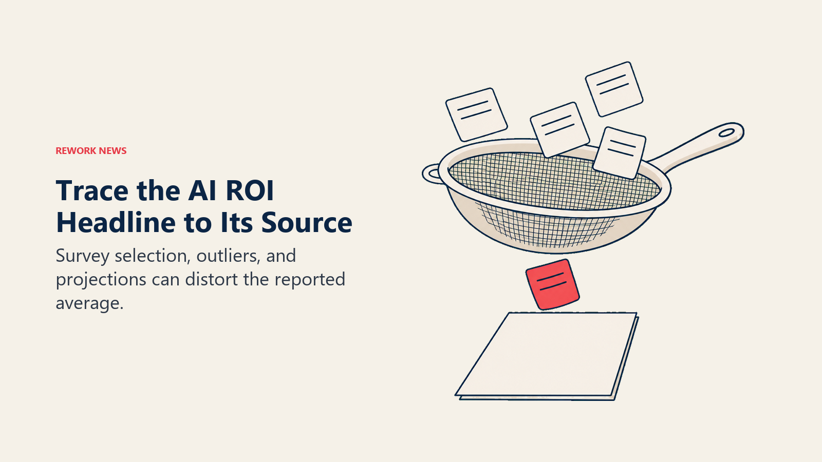 A sieve selects survey evidence for a report, illustrating bias in aggregated AI ROI claims