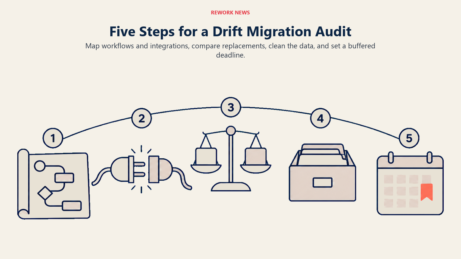 Five numbered Drift audit steps cover workflows, integrations, replacement options, data readiness, and deadlines