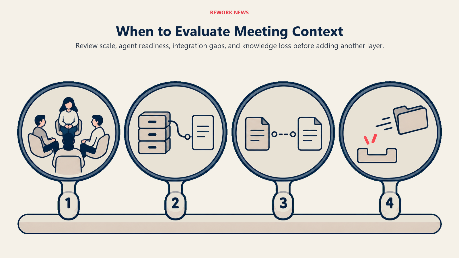 Four numbered lenses evaluate team scale, agent access, integration gaps, and knowledge loss