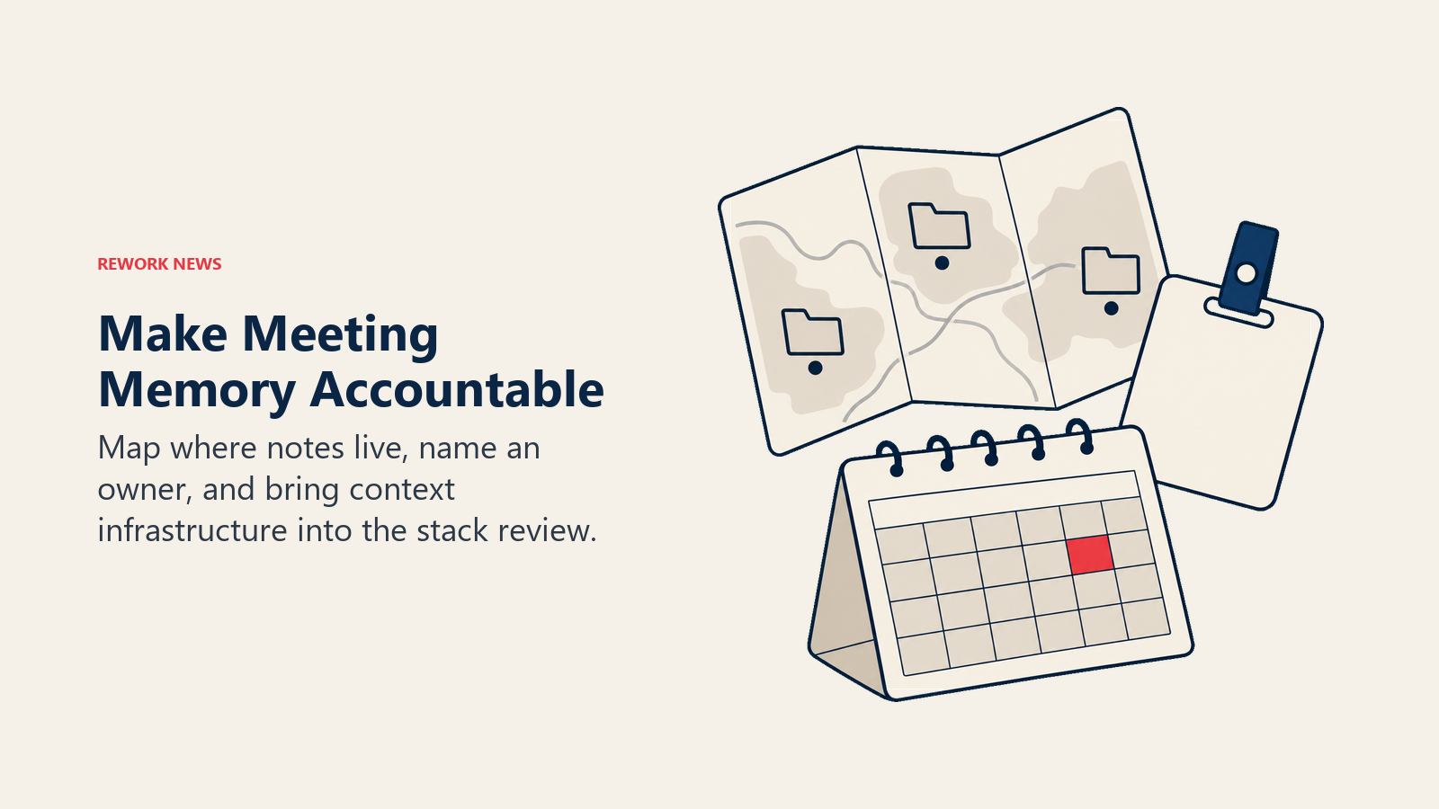 Meeting memory accountability shown through an archive map, owner badge, and review calendar