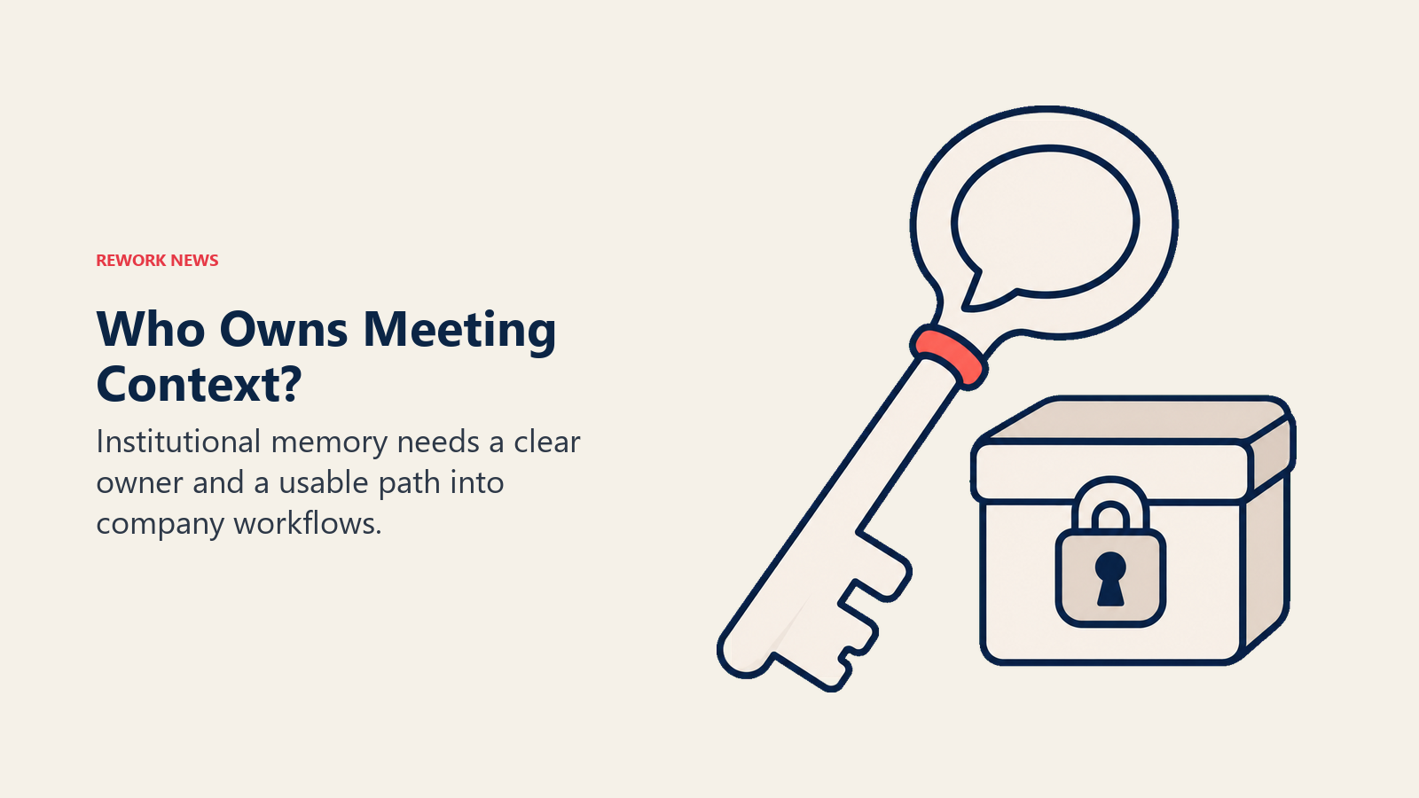 A speech-bubble key and archive lock illustrate ownership of company meeting context