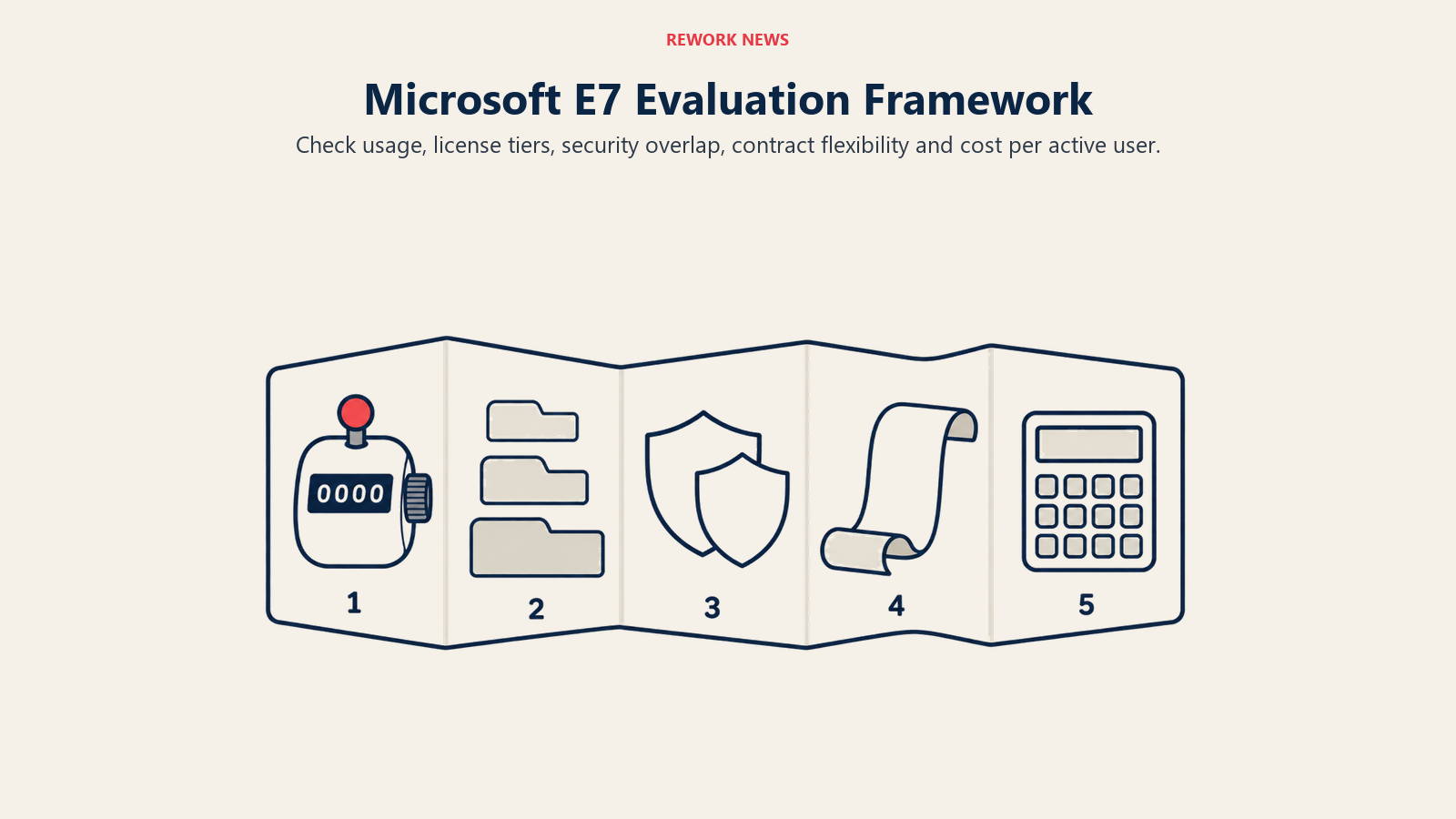 Microsoft E7 Evaluation Framework: five-fold procurement map illustrates the section supplies five checks before discussing an enterprise upgrade.