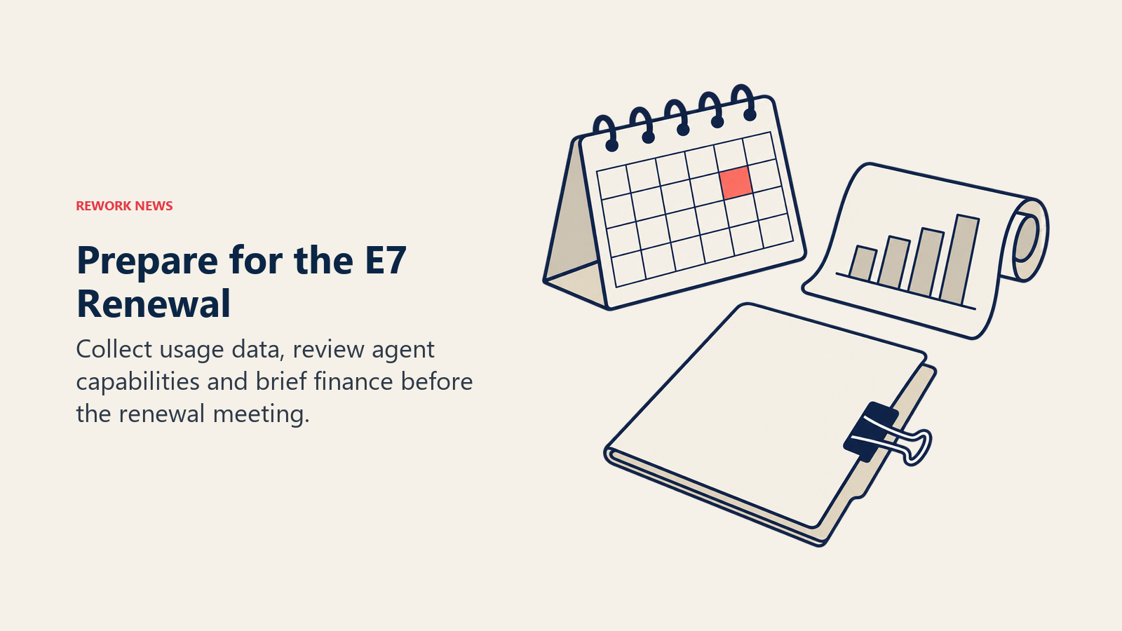 Prepare for the E7 Renewal: calendar and review folder illustrates the selected section asks leaders to schedule preparation, collect utilization data and involve the CFO.