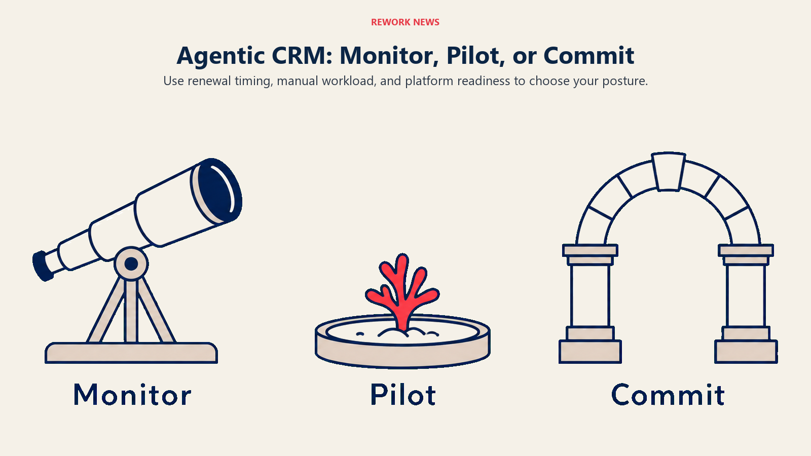 Agentic CRM: Monitor, Pilot, or Commit: Monitor suits locked contracts, pilot suits near renewals and manual workload, commit suits low technical debt and readiness.