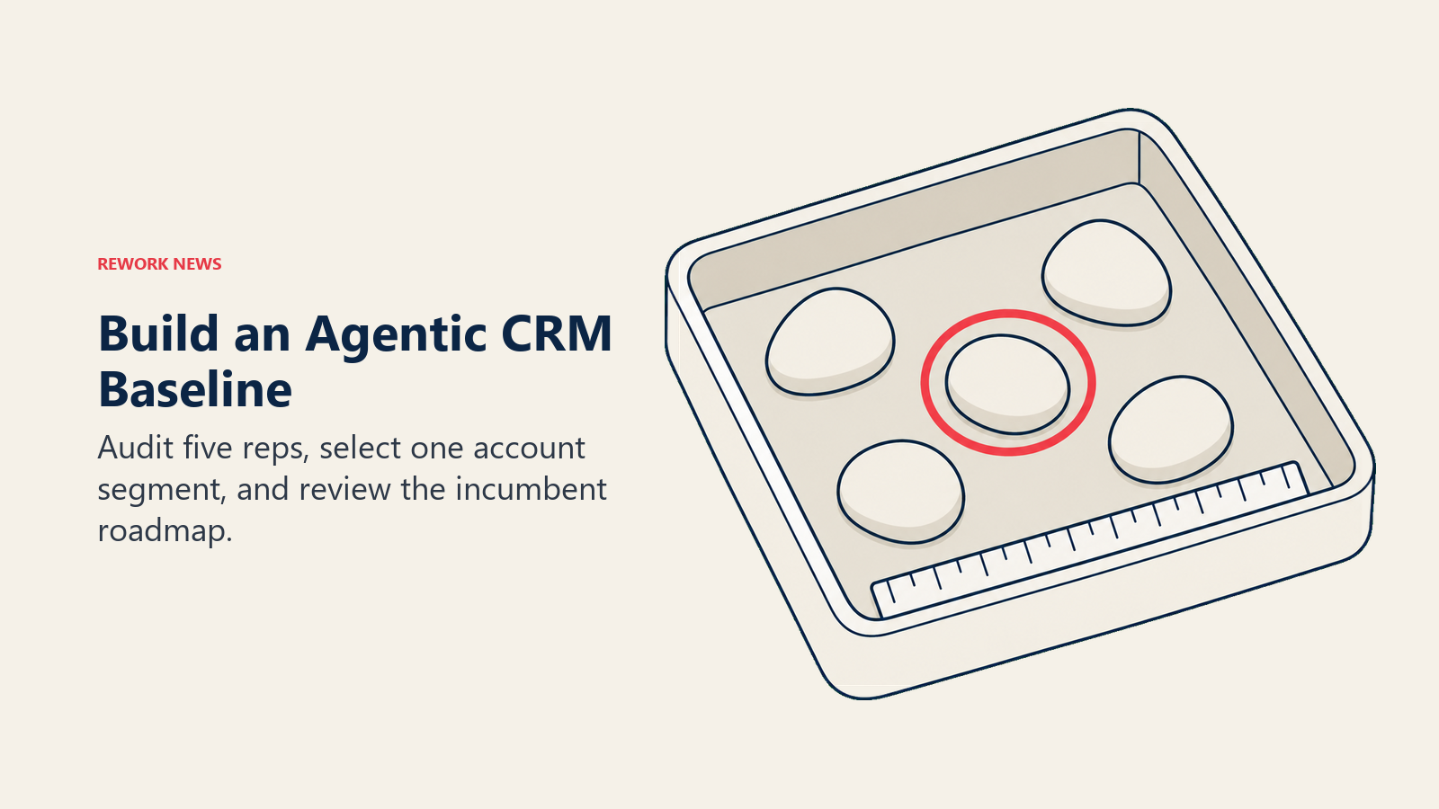 Build an Agentic CRM Baseline: bounded experiment tray illustrating audit five reps, select one account segment, and review the incumbent roadmap.