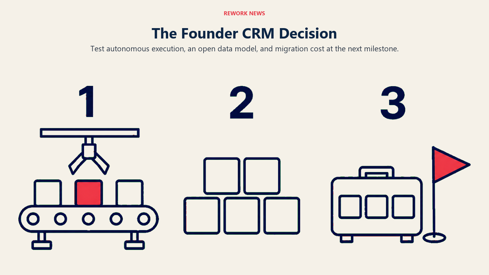 Three founder CRM checks shown as autonomous execution, modular data, and migration readiness