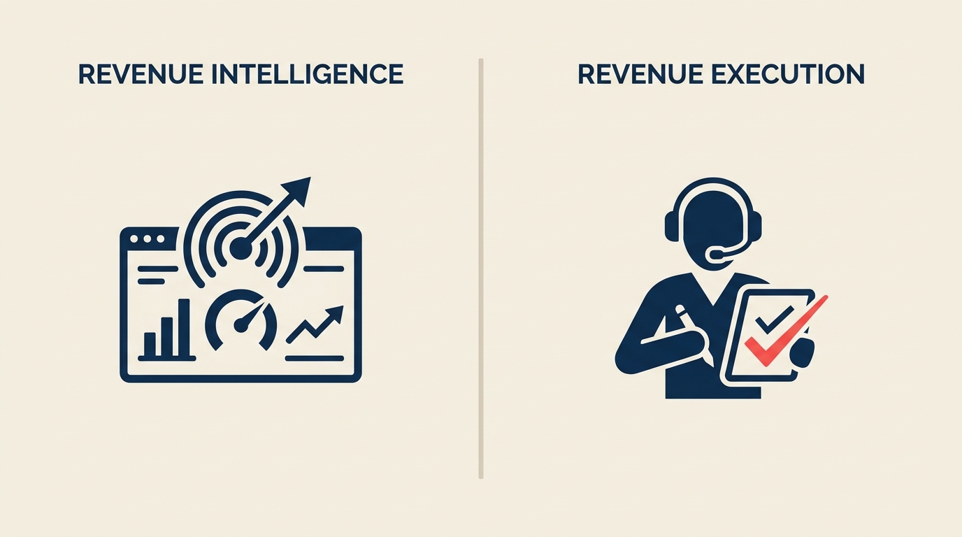 Diagram contrasting revenue intelligence that surfaces a signal with revenue execution that completes the action
