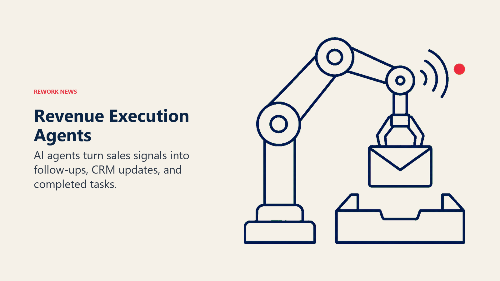 Revenue execution agent receiving a signal and lowering an email into a completion tray