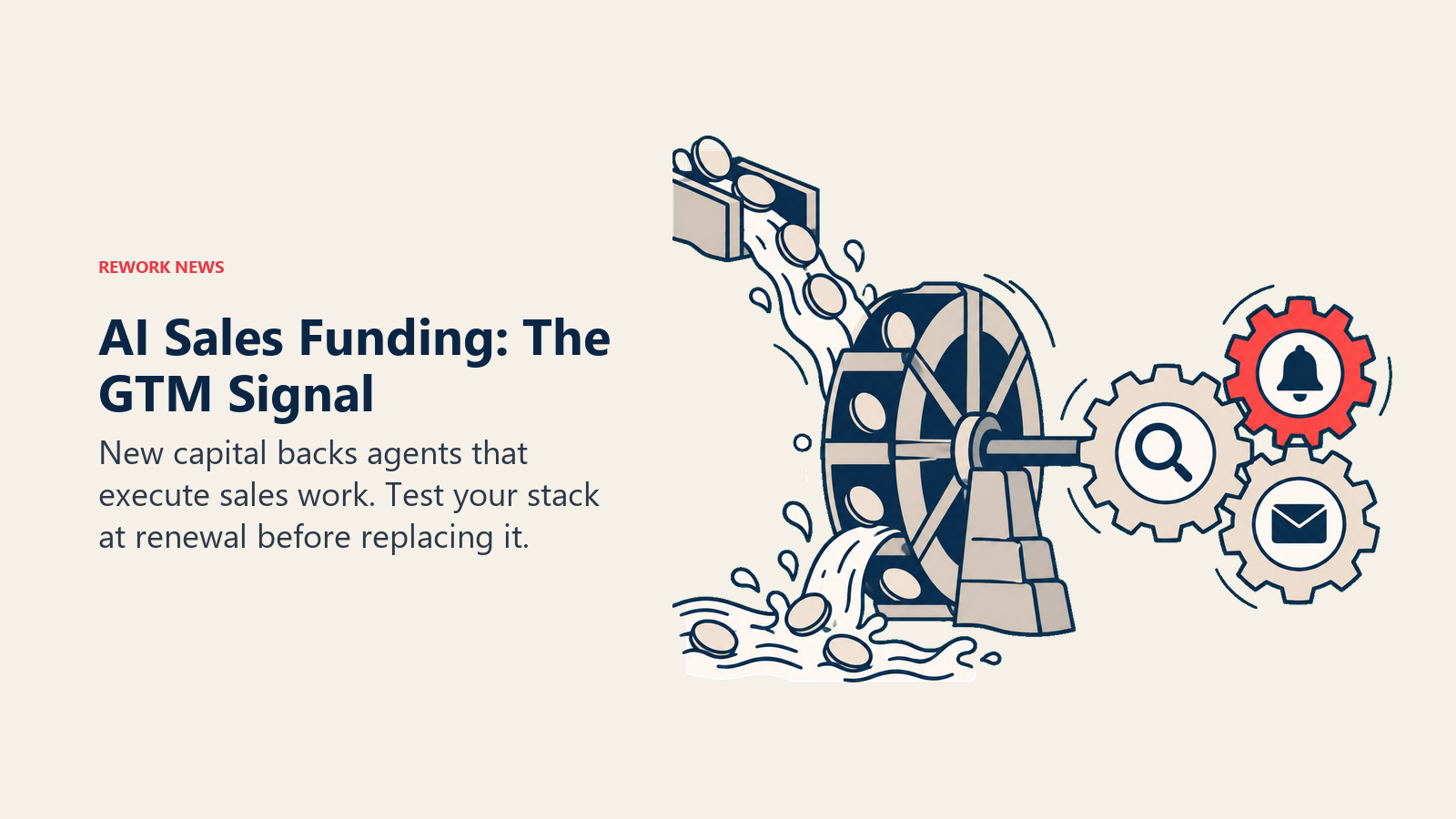 AI sales funding powers a waterwheel connected to prospecting, service, and outreach gears
