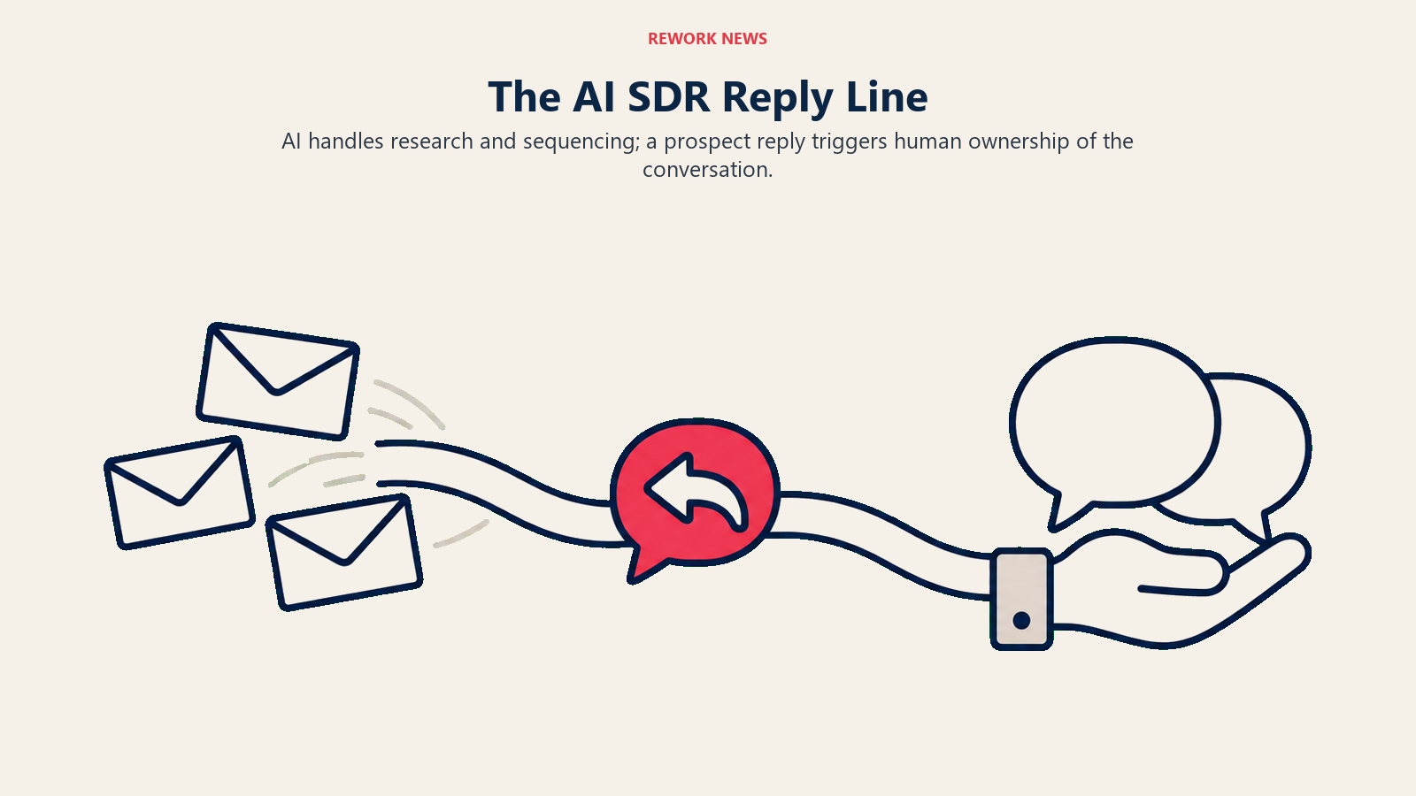 Outbound envelopes reach a reply marker before a human hand takes ownership of the conversation