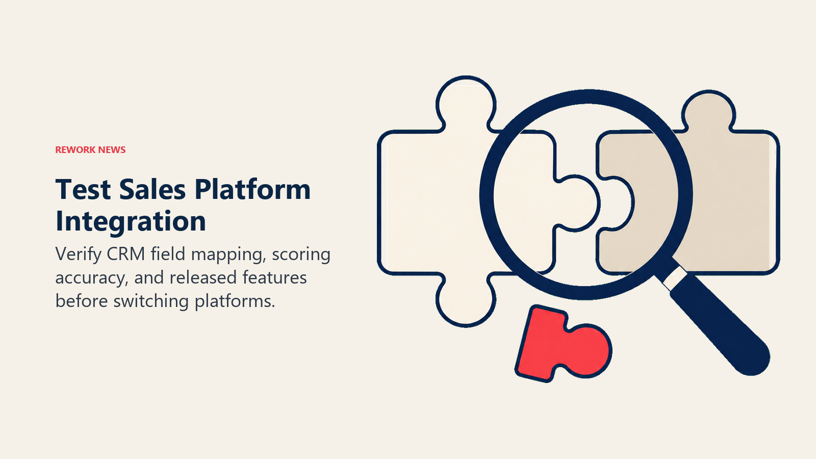 A magnifying lens checks CRM integration fit between two puzzle pieces